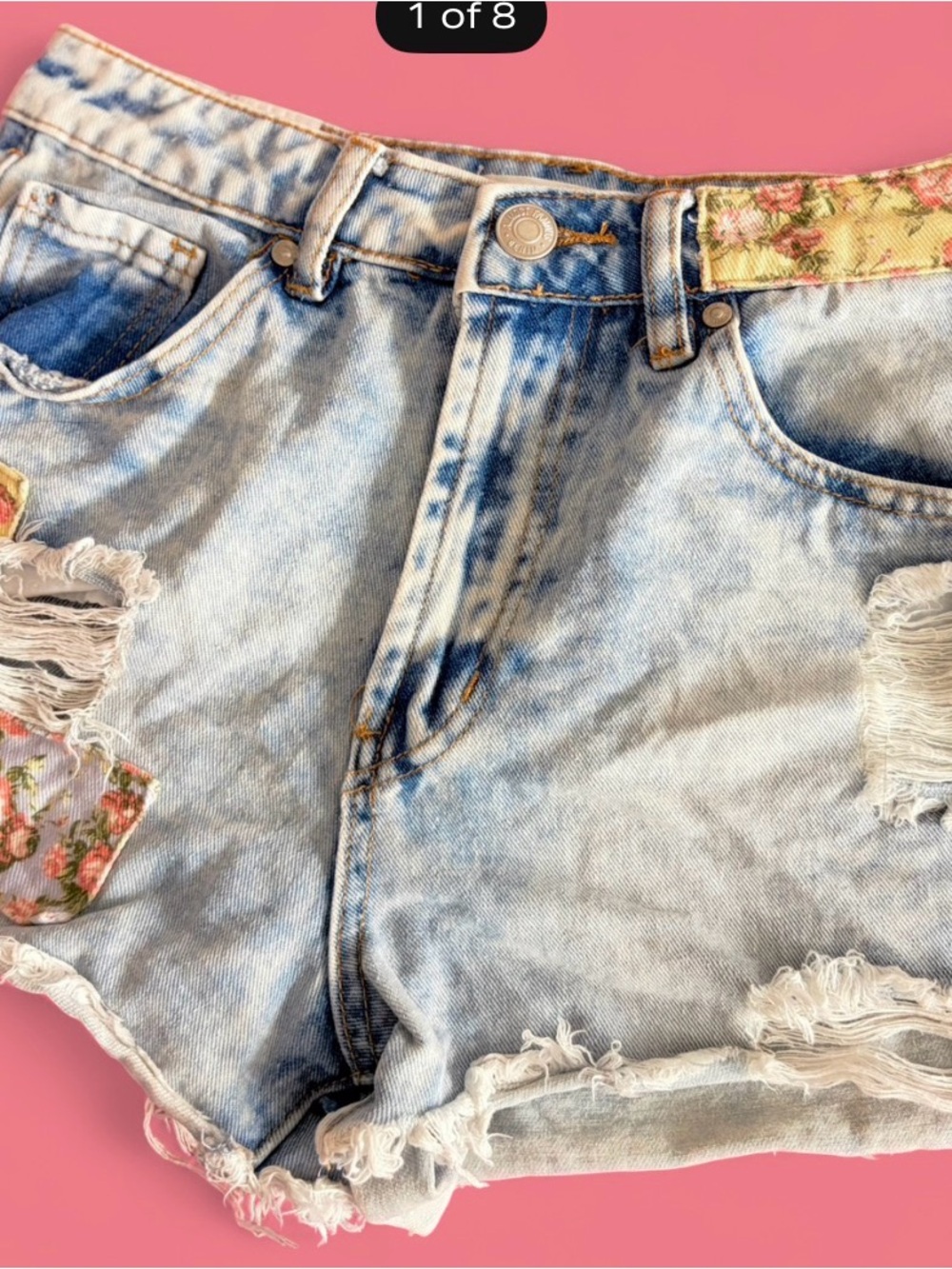 Almost Famous Light Blue Distressed Denim Shorts with Floral Trim